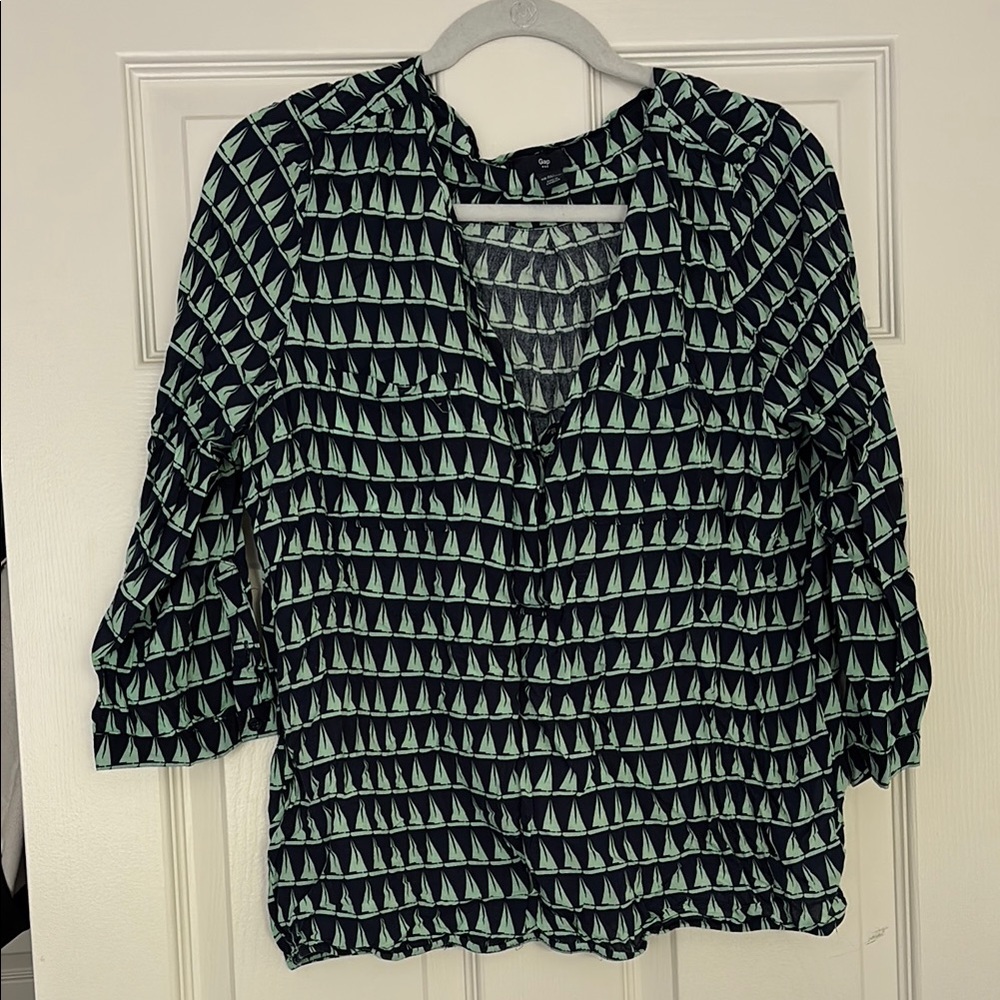Gap Green and Blue Sailboat Patterned Blouse